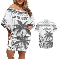 Custom Fiji Rugby Couples Matching Off Shoulder Short Dress and Hawaiian Shirt Polynesian Fijian Masi Palm Tree LT9 White - Polynesian Pride