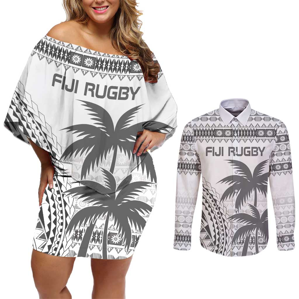 Custom Fiji Rugby Couples Matching Off Shoulder Short Dress and Long Sleeve Button Shirt Polynesian Fijian Masi Palm Tree LT9 White - Polynesian Pride