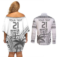 Custom Fiji Rugby Couples Matching Off Shoulder Short Dress and Long Sleeve Button Shirt Polynesian Fijian Masi Palm Tree LT9 - Polynesian Pride