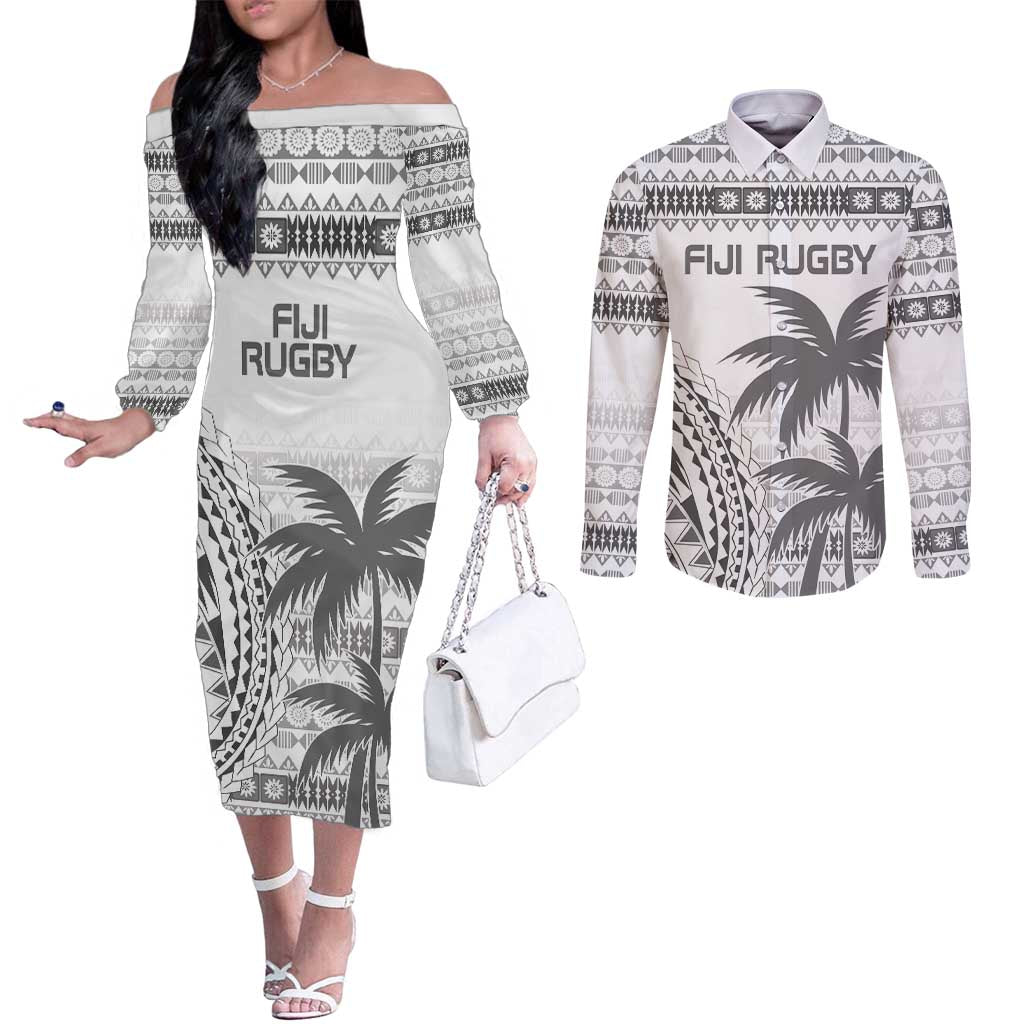 Custom Fiji Rugby Couples Matching Off The Shoulder Long Sleeve Dress and Long Sleeve Button Shirt Polynesian Fijian Masi Palm Tree LT9 White - Polynesian Pride