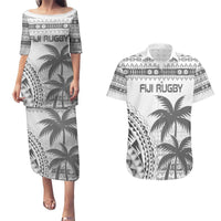Custom Fiji Rugby Couples Matching Puletasi and Hawaiian Shirt Polynesian Fijian Masi Palm Tree LT9 White - Polynesian Pride