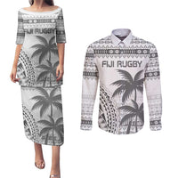 Custom Fiji Rugby Couples Matching Puletasi and Long Sleeve Button Shirt Polynesian Fijian Masi Palm Tree LT9 White - Polynesian Pride
