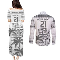 Custom Fiji Rugby Couples Matching Puletasi and Long Sleeve Button Shirt Polynesian Fijian Masi Palm Tree LT9 - Polynesian Pride