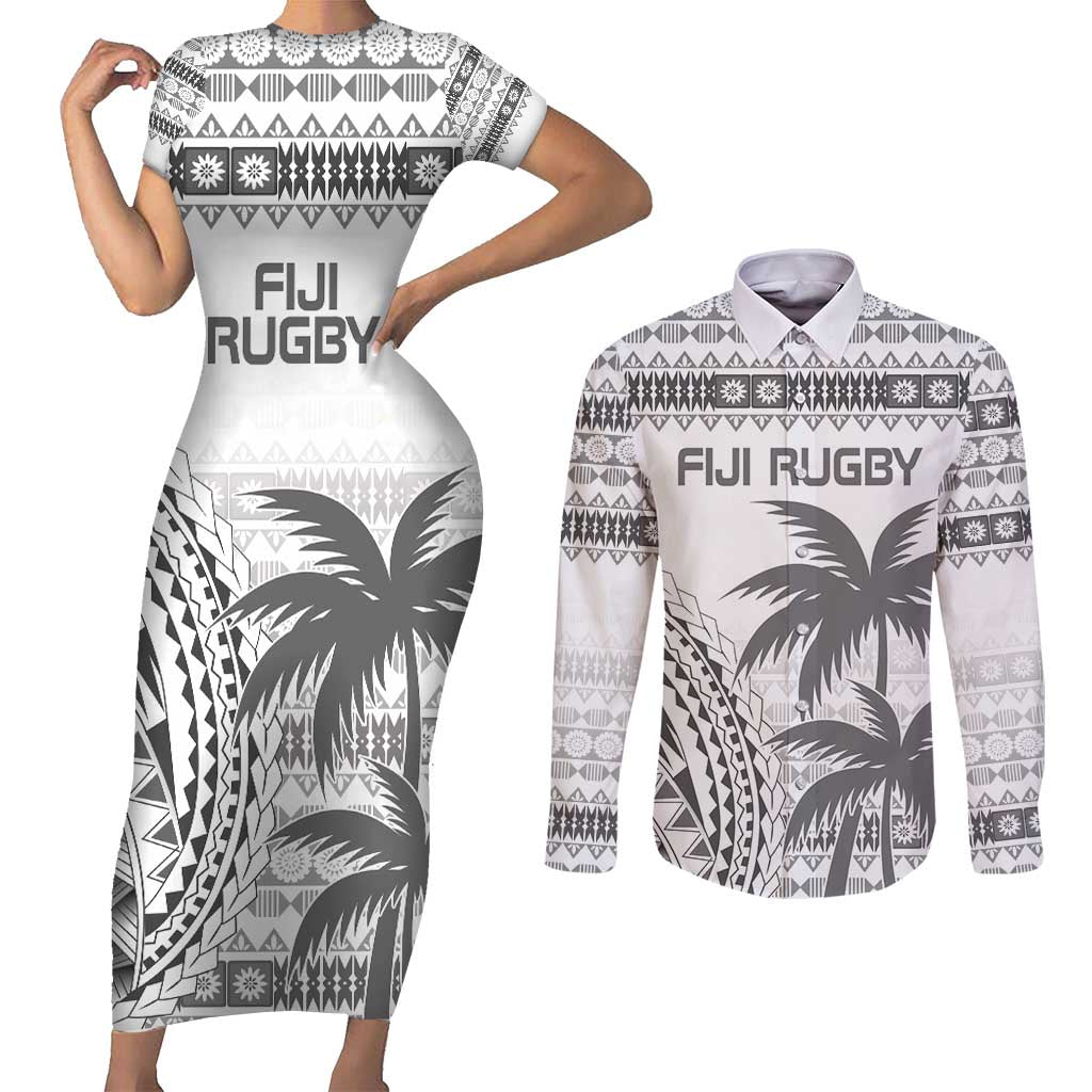 Custom Fiji Rugby Couples Matching Short Sleeve Bodycon Dress and Long Sleeve Button Shirt Polynesian Fijian Masi Palm Tree LT9 White - Polynesian Pride