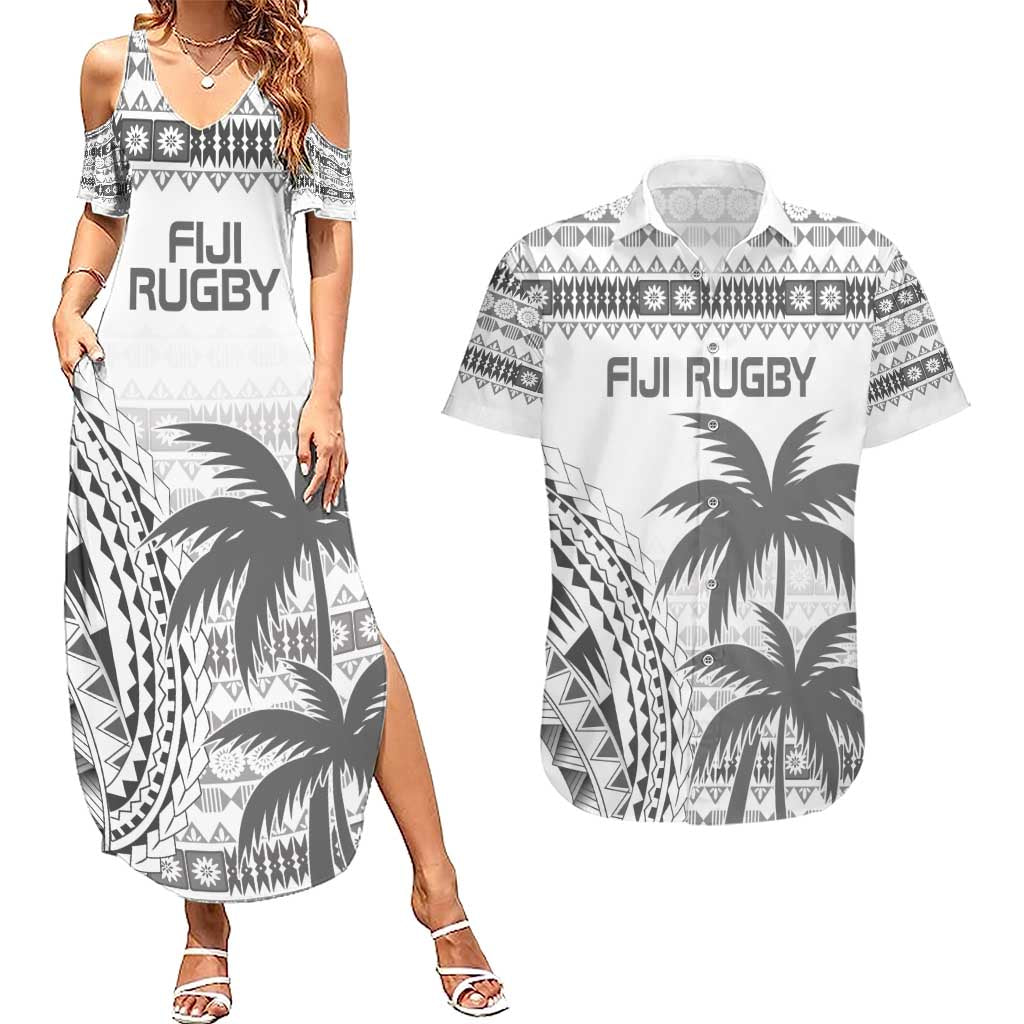 Custom Fiji Rugby Couples Matching Summer Maxi Dress and Hawaiian Shirt Polynesian Fijian Masi Palm Tree LT9 White - Polynesian Pride