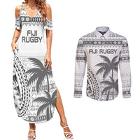 Custom Fiji Rugby Couples Matching Summer Maxi Dress and Long Sleeve Button Shirt Polynesian Fijian Masi Palm Tree LT9 White - Polynesian Pride