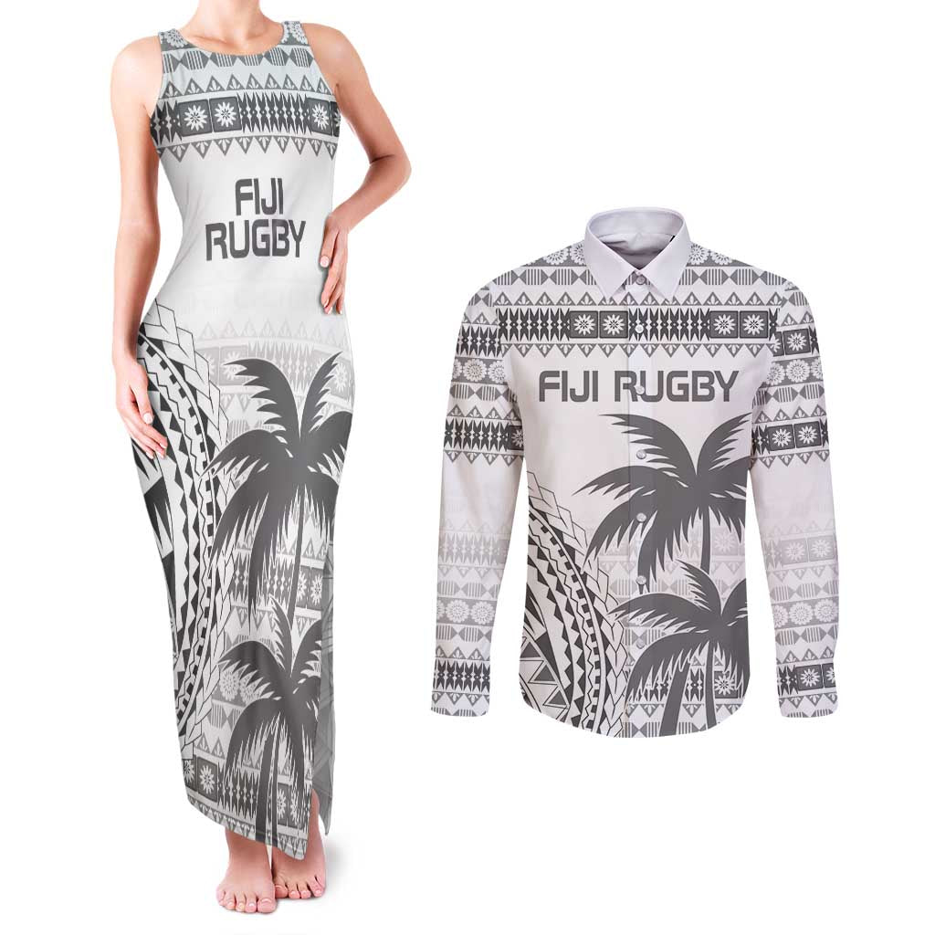 Custom Fiji Rugby Couples Matching Tank Maxi Dress and Long Sleeve Button Shirt Polynesian Fijian Masi Palm Tree LT9 White - Polynesian Pride