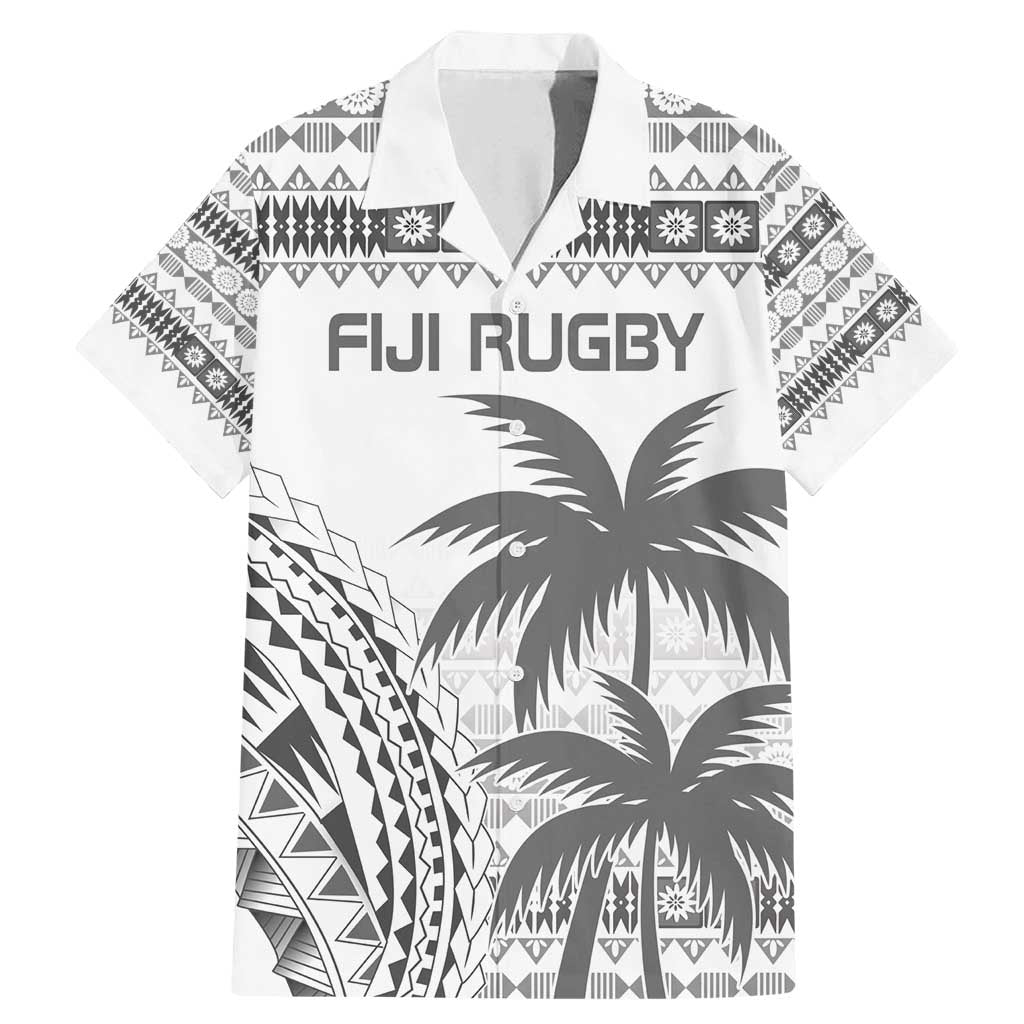 Custom Fiji Rugby Family Matching Mermaid Dress and Hawaiian Shirt Polynesian Fijian Masi Palm Tree LT9 Dad's Shirt - Short Sleeve White - Polynesian Pride