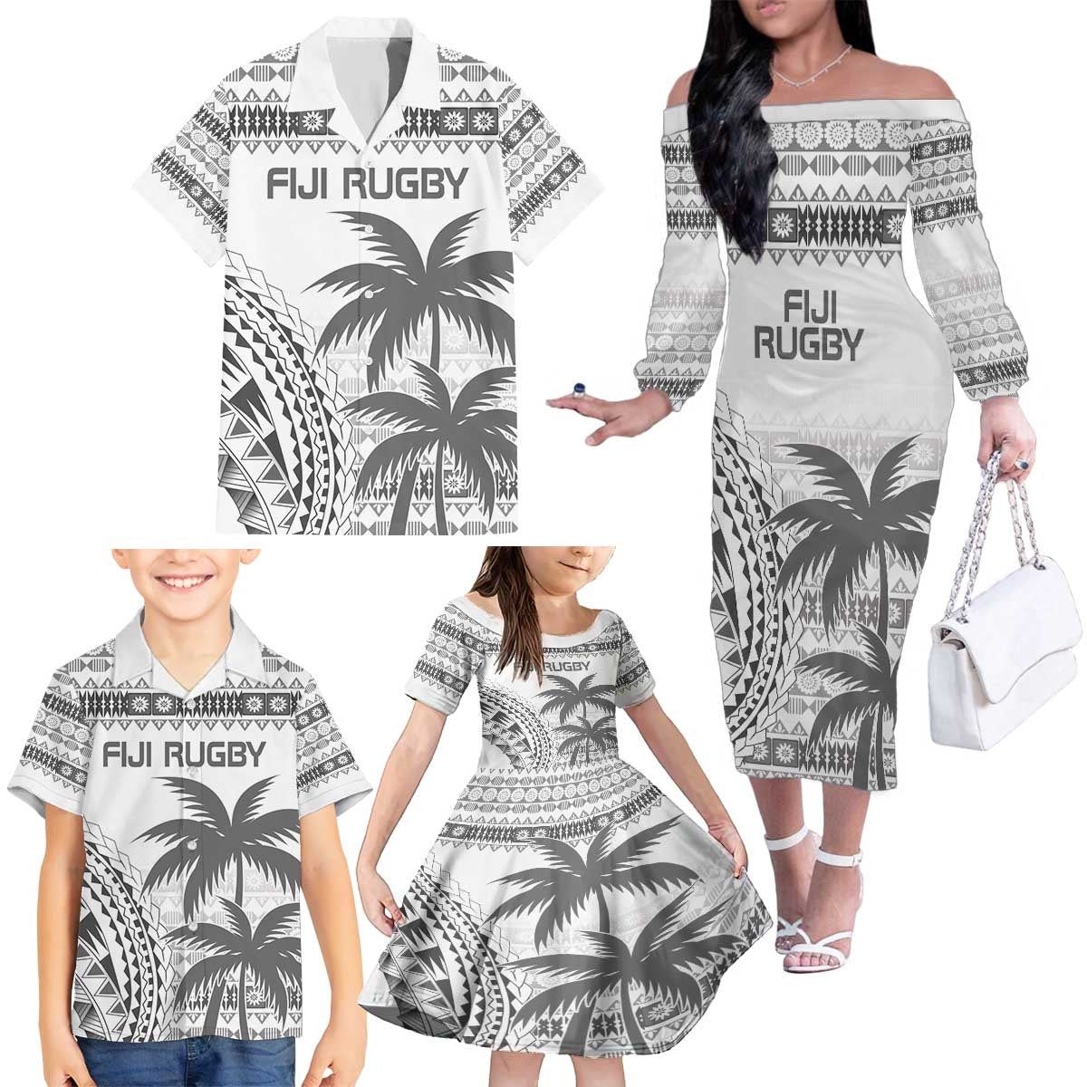 Custom Fiji Rugby Family Matching Off The Shoulder Long Sleeve Dress and Hawaiian Shirt Polynesian Fijian Masi Palm Tree LT9 - Polynesian Pride