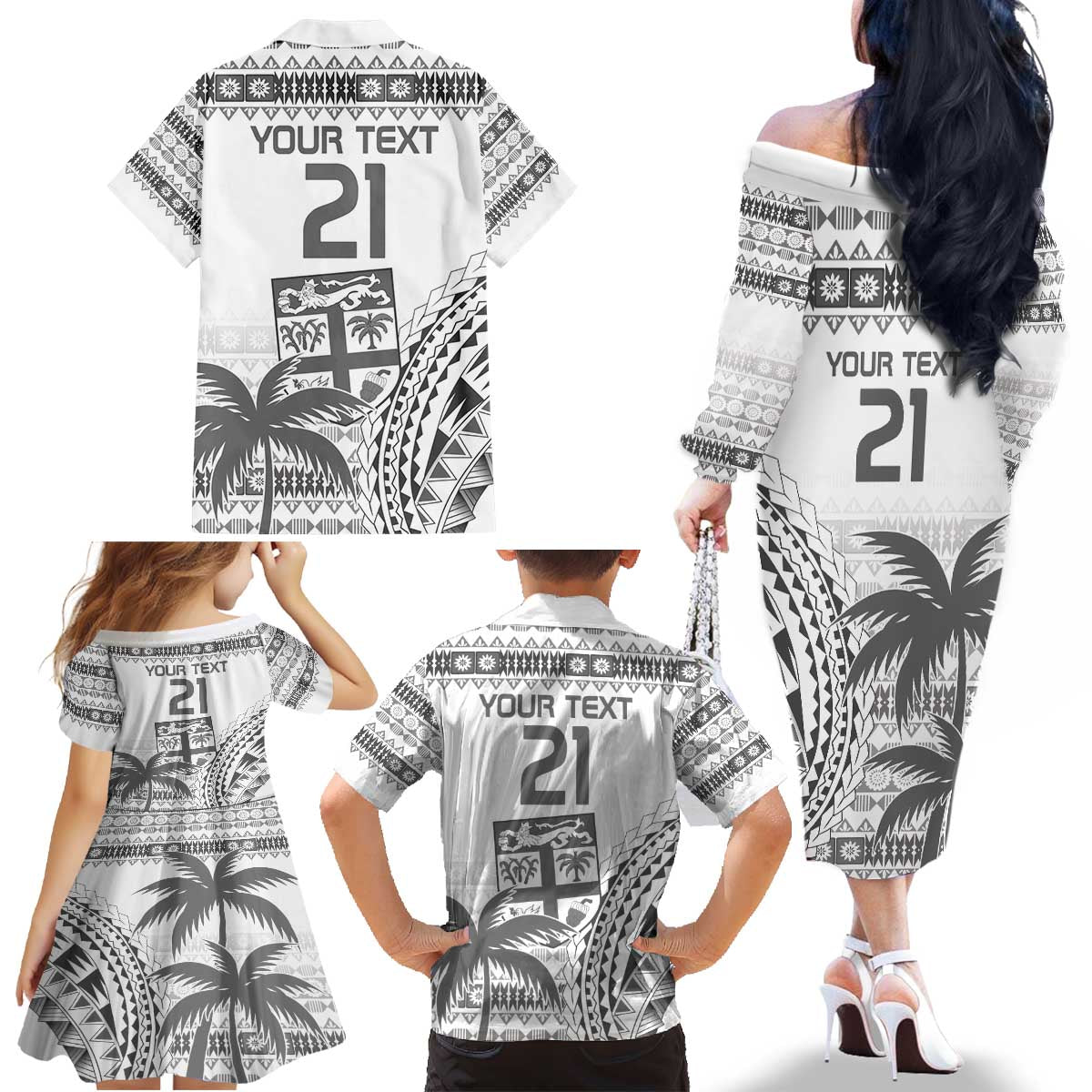 Custom Fiji Rugby Family Matching Off The Shoulder Long Sleeve Dress and Hawaiian Shirt Polynesian Fijian Masi Palm Tree LT9 - Polynesian Pride