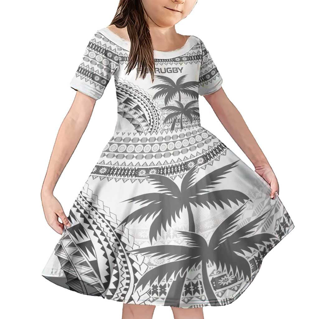 Custom Fiji Rugby Family Matching Off Shoulder Maxi Dress and Hawaiian Shirt Polynesian Fijian Masi Palm Tree LT9 Daughter's Dress White - Polynesian Pride
