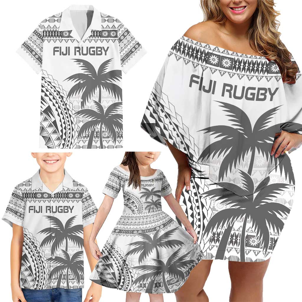 Custom Fiji Rugby Family Matching Off Shoulder Short Dress and Hawaiian Shirt Polynesian Fijian Masi Palm Tree LT9 - Polynesian Pride
