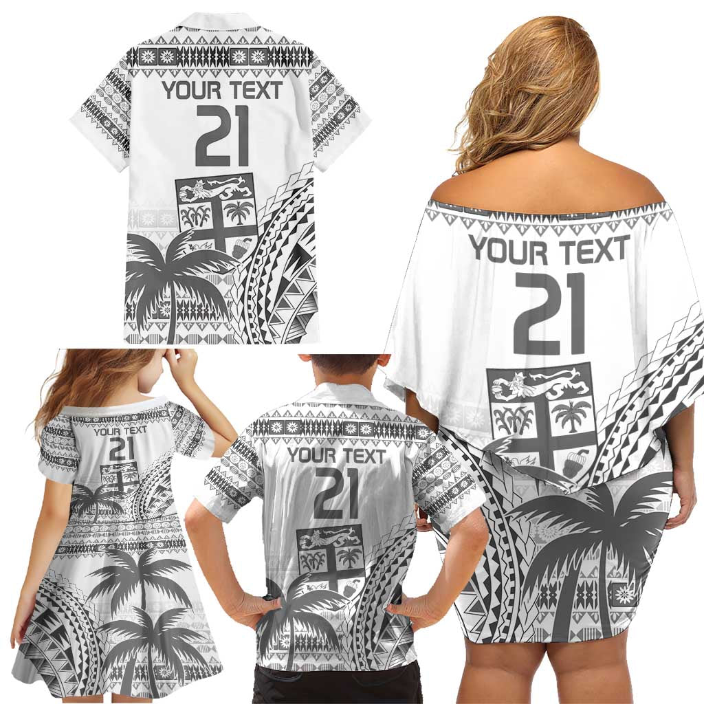 Custom Fiji Rugby Family Matching Off Shoulder Short Dress and Hawaiian Shirt Polynesian Fijian Masi Palm Tree LT9 - Polynesian Pride