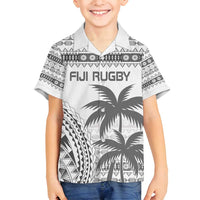 Custom Fiji Rugby Family Matching Off Shoulder Short Dress and Hawaiian Shirt Polynesian Fijian Masi Palm Tree LT9 Son's Shirt White - Polynesian Pride