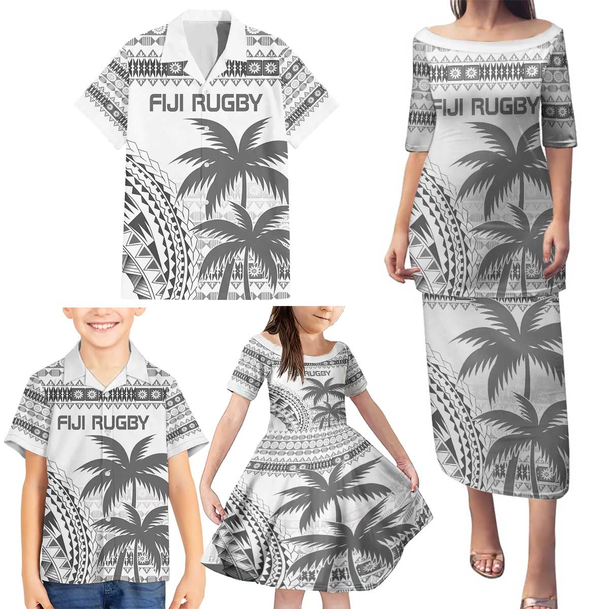 Custom Fiji Rugby Family Matching Puletasi and Hawaiian Shirt Polynesian Fijian Masi Palm Tree LT9 - Polynesian Pride