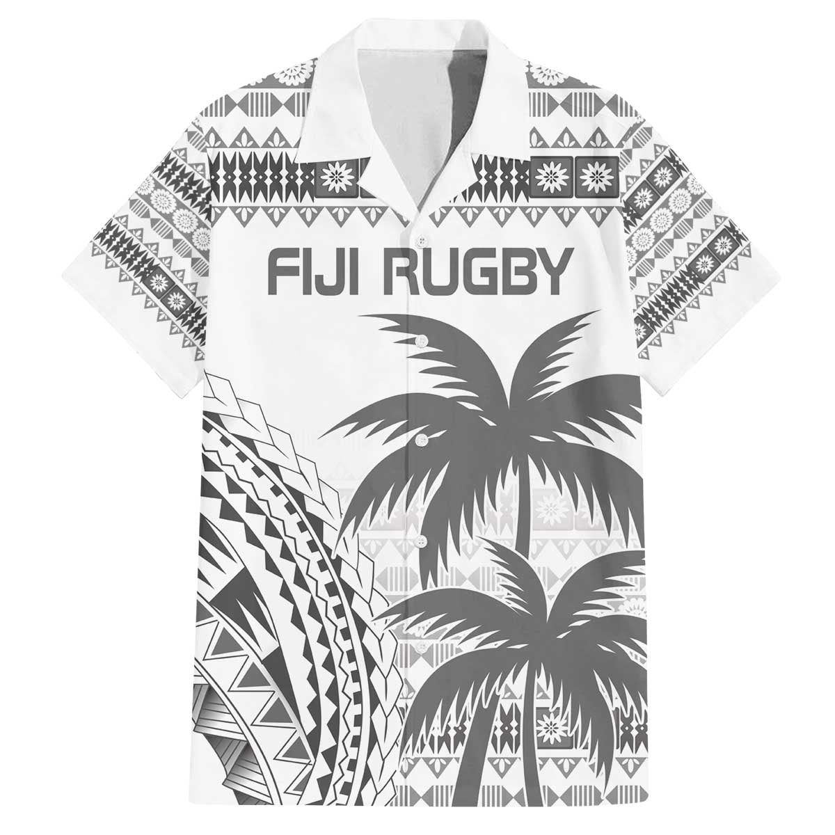 Custom Fiji Rugby Family Matching Puletasi and Hawaiian Shirt Polynesian Fijian Masi Palm Tree LT9 Dad's Shirt - Short Sleeve White - Polynesian Pride