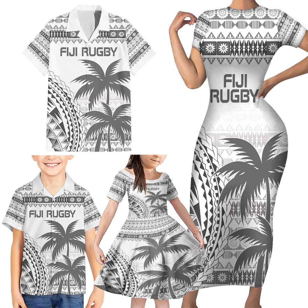 Custom Fiji Rugby Family Matching Short Sleeve Bodycon Dress and Hawaiian Shirt Polynesian Fijian Masi Palm Tree LT9 - Polynesian Pride