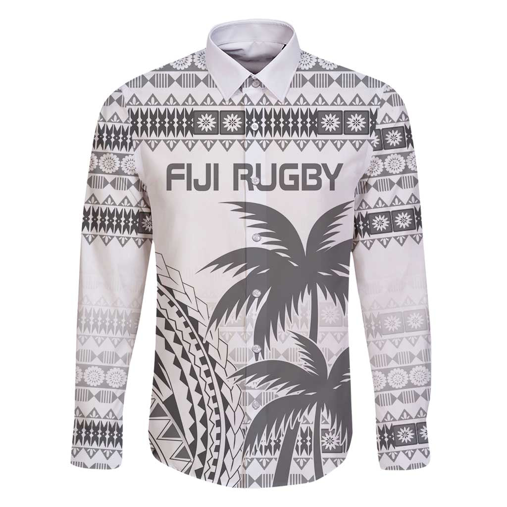 Custom Fiji Rugby Family Matching Summer Maxi Dress and Hawaiian Shirt Polynesian Fijian Masi Palm Tree LT9 Dad's Shirt - Long Sleeve White - Polynesian Pride
