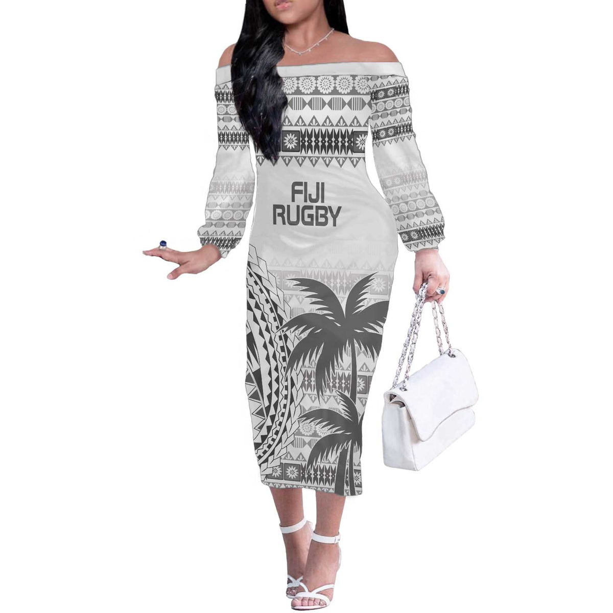 Custom Fiji Rugby Off The Shoulder Long Sleeve Dress Polynesian Fijian Masi Palm Tree LT9 Women White - Polynesian Pride