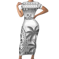Custom Fiji Rugby Short Sleeve Bodycon Dress Polynesian Fijian Masi Palm Tree LT9 Long Dress White - Polynesian Pride
