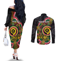 Vanuatu Personalised Couples Matching Off The Shoulder Long Sleeve Dress and Long Sleeve Button Shirt Aboriginal Dot Paitnting - Polynesian Pride