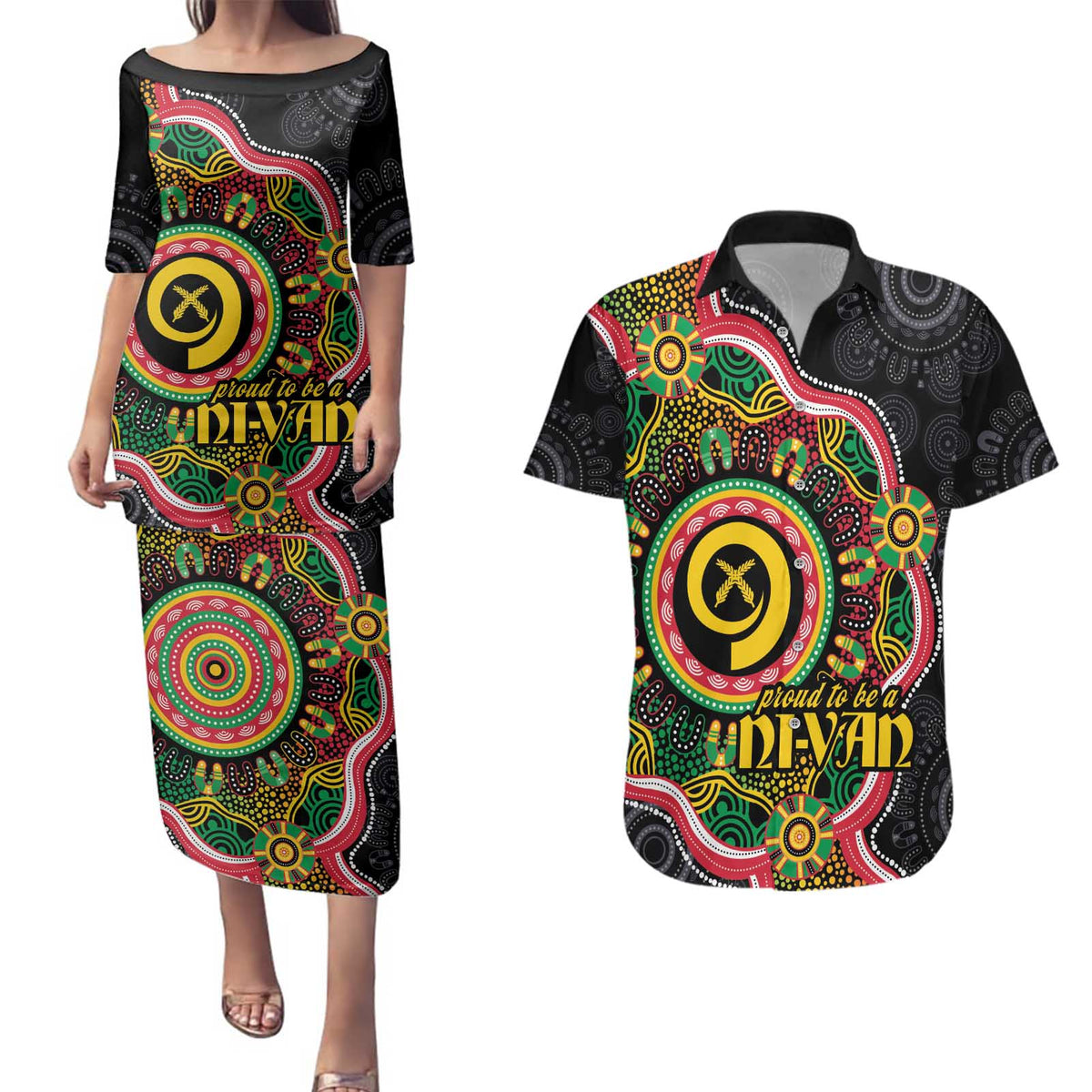 Vanuatu Personalised Couples Matching Puletasi and Hawaiian Shirt Aboriginal Dot Paitnting - Polynesian Pride