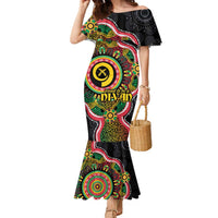 Vanuatu Personalised Family Matching Mermaid Dress and Hawaiian Shirt Aboriginal Dot Paitnting LT9 Mom's Dress Black - Polynesian Pride