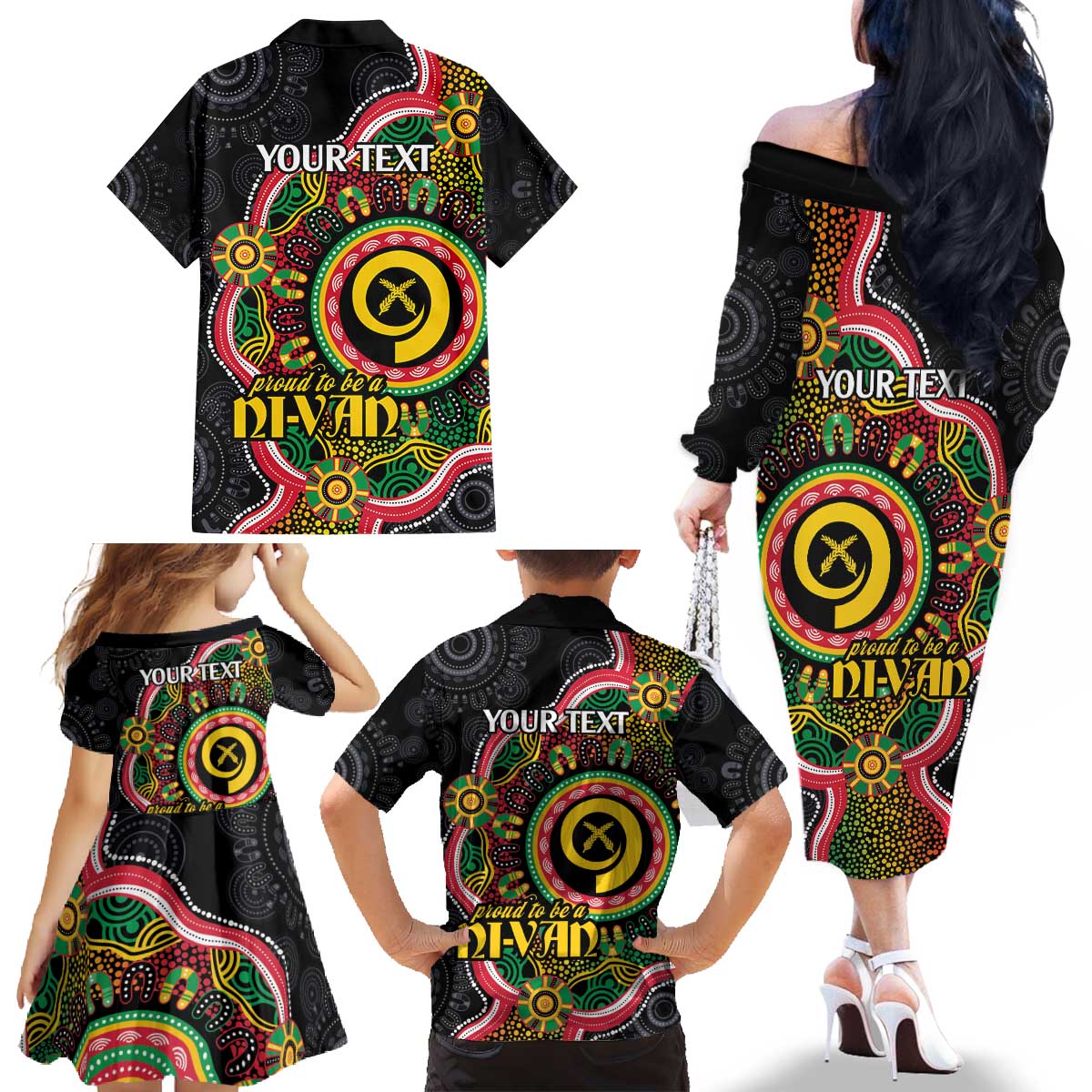 Vanuatu Personalised Family Matching Off The Shoulder Long Sleeve Dress and Hawaiian Shirt Aboriginal Dot Paitnting LT9 - Polynesian Pride