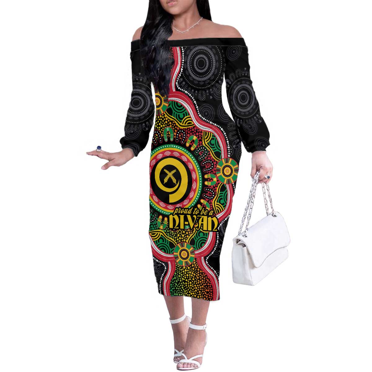 Vanuatu Personalised Family Matching Off The Shoulder Long Sleeve Dress and Hawaiian Shirt Aboriginal Dot Paitnting LT9 Mom's Dress Black - Polynesian Pride