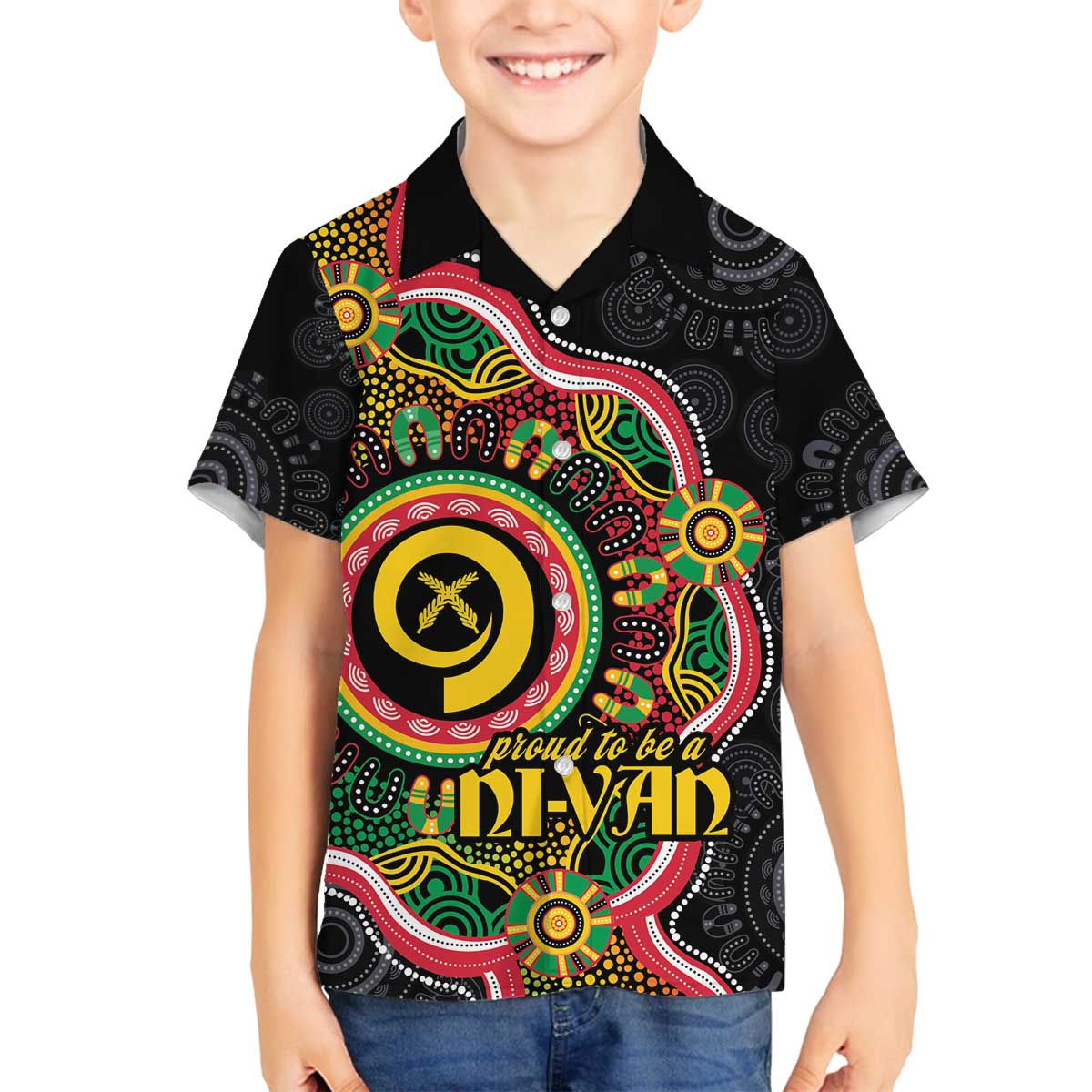 Vanuatu Personalised Family Matching Off The Shoulder Long Sleeve Dress and Hawaiian Shirt Aboriginal Dot Paitnting LT9 Son's Shirt Black - Polynesian Pride