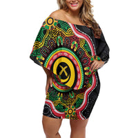 Vanuatu Personalised Family Matching Off Shoulder Short Dress and Hawaiian Shirt Aboriginal Dot Paitnting LT9 Mom's Dress Black - Polynesian Pride