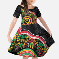 Vanuatu Personalised Family Matching Short Sleeve Bodycon Dress and Hawaiian Shirt Aboriginal Dot Paitnting LT9 Daughter's Dress Black - Polynesian Pride