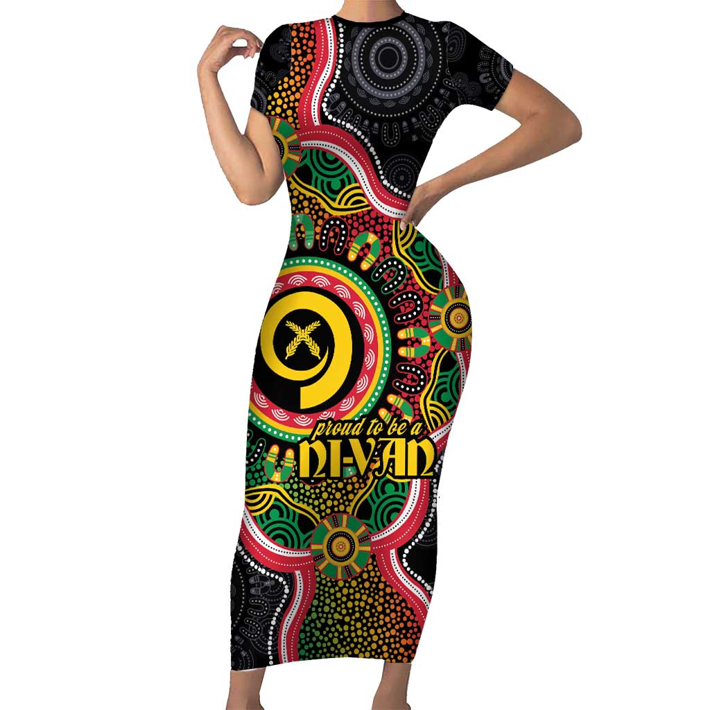 Vanuatu Personalised Family Matching Short Sleeve Bodycon Dress and Hawaiian Shirt Aboriginal Dot Paitnting LT9 Mom's Dress Black - Polynesian Pride
