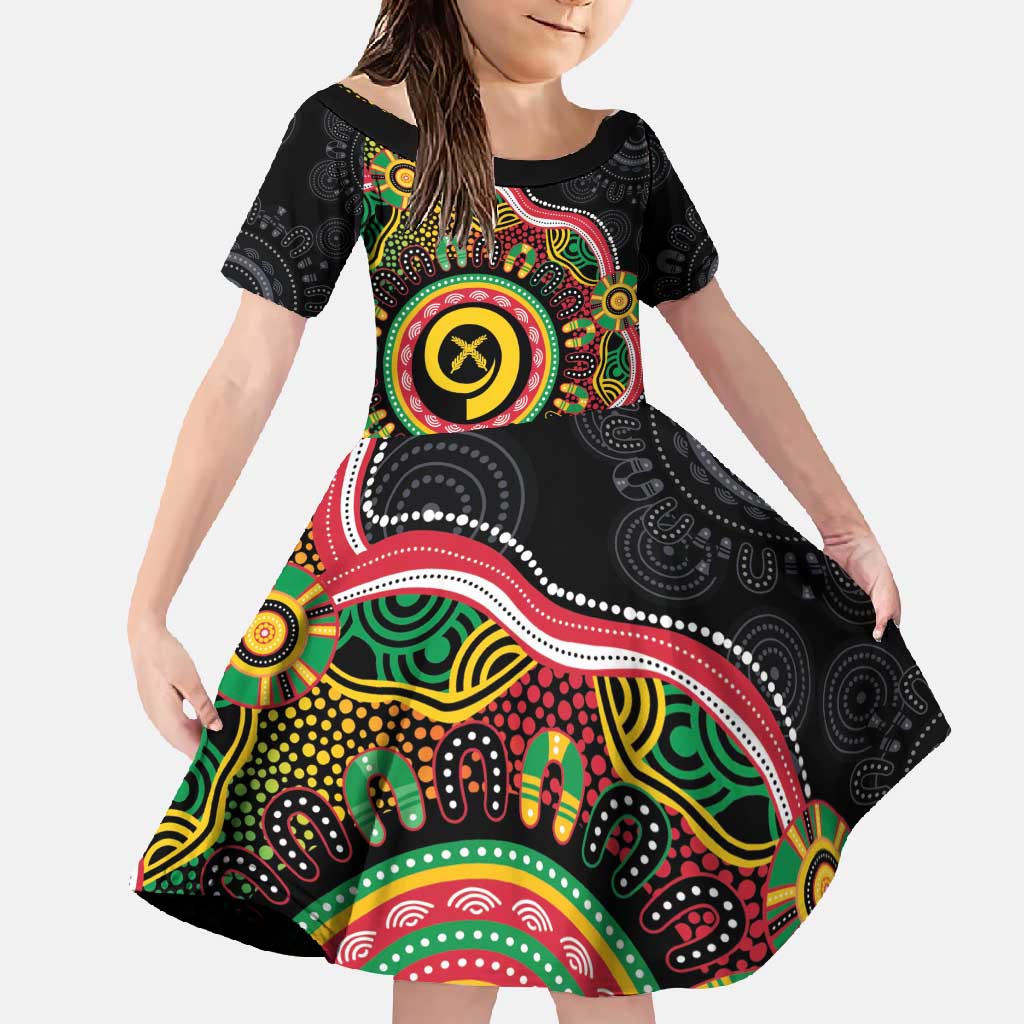 Vanuatu Personalised Family Matching Tank Maxi Dress and Hawaiian Shirt Aboriginal Dot Paitnting LT9 Daughter's Dress Black - Polynesian Pride