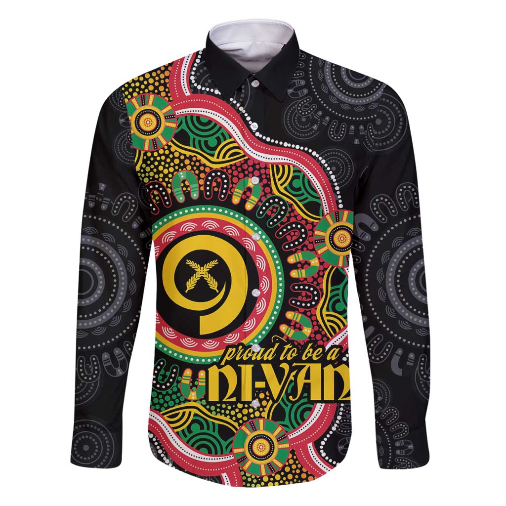 Vanuatu Personalised Family Matching Tank Maxi Dress and Hawaiian Shirt Aboriginal Dot Paitnting LT9 Dad's Shirt - Long Sleeve Black - Polynesian Pride