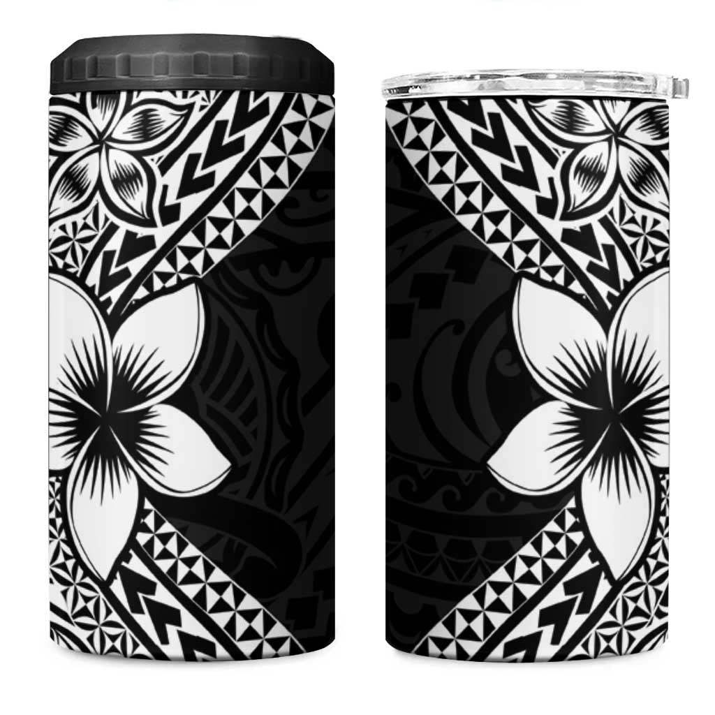Lotu Tamaiti White Sunday 4 in 1 Can Cooler Tumbler Pacific Plumeria Flowers - Black Version LT9 One Size: 16 oz Black - Polynesian Pride