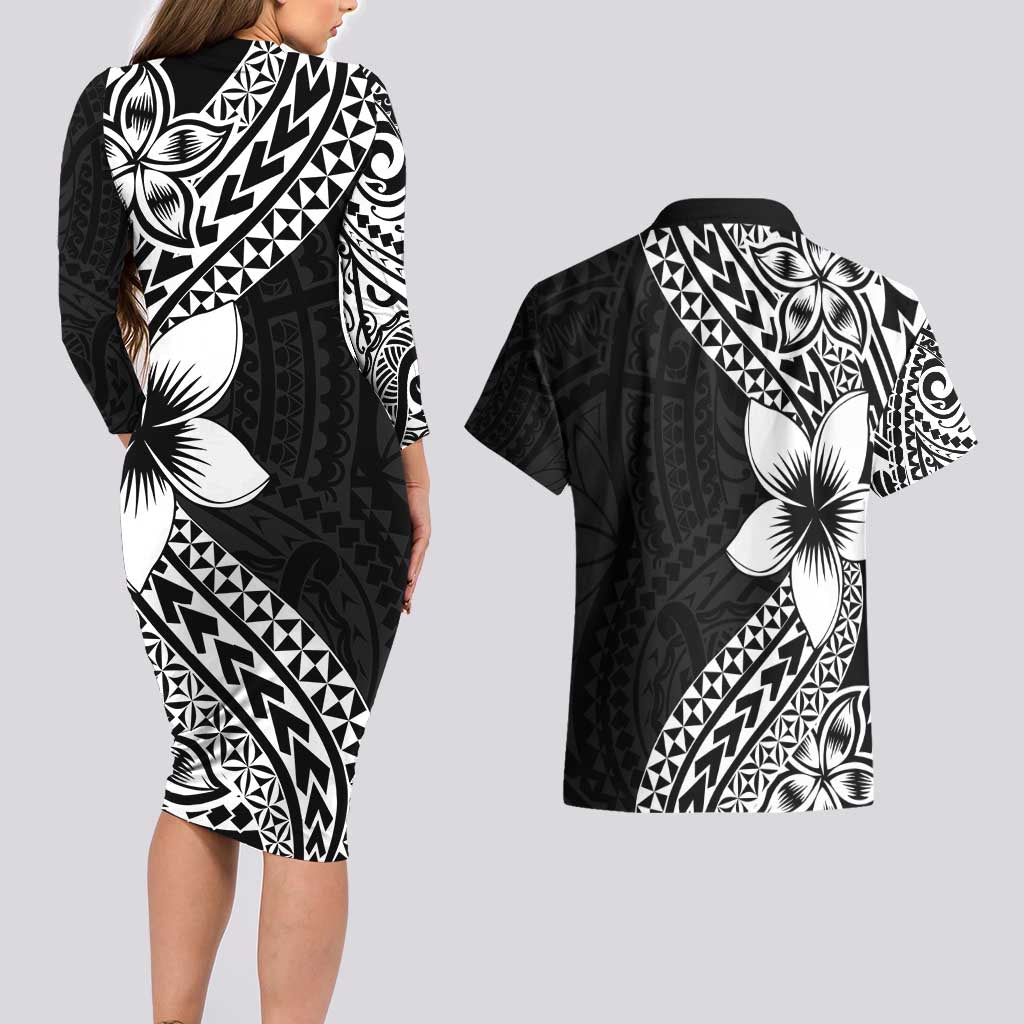 Lotu Tamaiti White Sunday Couples Matching Long Sleeve Bodycon Dress and Hawaiian Shirt Pacific Plumeria Flowers - Black Version LT9 - Polynesian Pride