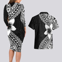 Lotu Tamaiti White Sunday Couples Matching Long Sleeve Bodycon Dress and Hawaiian Shirt Pacific Plumeria Flowers - Black Version LT9 - Polynesian Pride