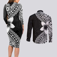 Lotu Tamaiti White Sunday Couples Matching Long Sleeve Bodycon Dress and Long Sleeve Button Shirt Pacific Plumeria Flowers - Black Version LT9 - Polynesian Pride