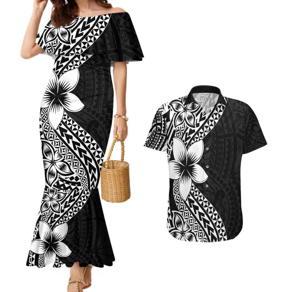 Lotu Tamaiti White Sunday Couples Matching Mermaid Dress and Hawaiian Shirt Pacific Plumeria Flowers - Black Version LT9 Black - Polynesian Pride