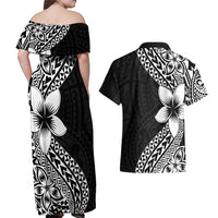 Lotu Tamaiti White Sunday Couples Matching Off Shoulder Maxi Dress and Hawaiian Shirt Pacific Plumeria Flowers - Black Version LT9 - Polynesian Pride