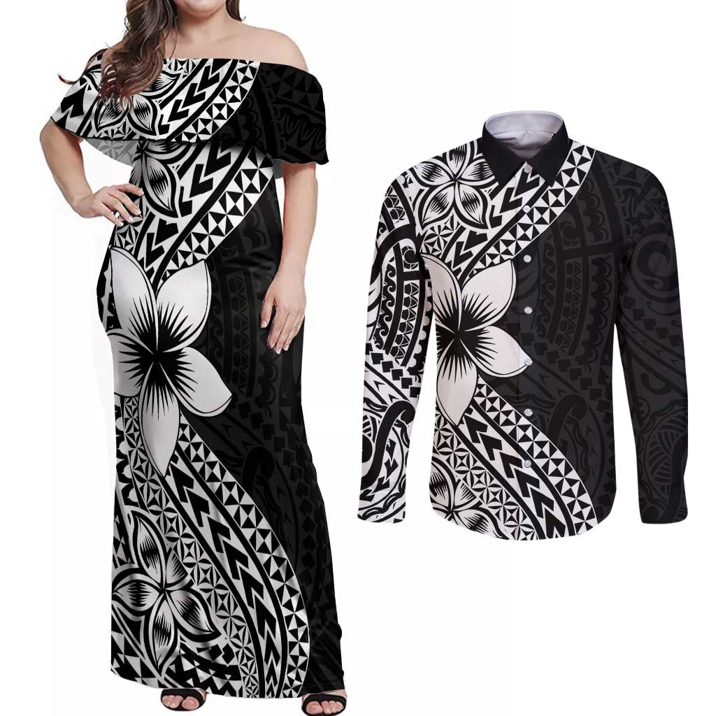 Lotu Tamaiti White Sunday Couples Matching Off Shoulder Maxi Dress and Long Sleeve Button Shirt Pacific Plumeria Flowers - Black Version LT9 Black - Polynesian Pride
