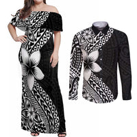 Lotu Tamaiti White Sunday Couples Matching Off Shoulder Maxi Dress and Long Sleeve Button Shirt Pacific Plumeria Flowers - Black Version LT9 Black - Polynesian Pride