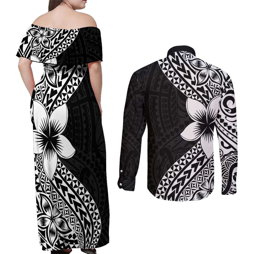 Lotu Tamaiti White Sunday Couples Matching Off Shoulder Maxi Dress and Long Sleeve Button Shirt Pacific Plumeria Flowers - Black Version LT9 - Polynesian Pride