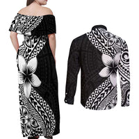 Lotu Tamaiti White Sunday Couples Matching Off Shoulder Maxi Dress and Long Sleeve Button Shirt Pacific Plumeria Flowers - Black Version LT9 - Polynesian Pride