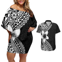 Lotu Tamaiti White Sunday Couples Matching Off Shoulder Short Dress and Hawaiian Shirt Pacific Plumeria Flowers - Black Version LT9 Black - Polynesian Pride