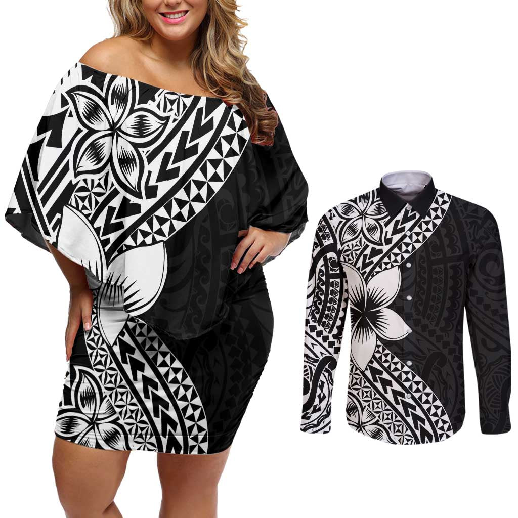 Lotu Tamaiti White Sunday Couples Matching Off Shoulder Short Dress and Long Sleeve Button Shirt Pacific Plumeria Flowers - Black Version LT9 Black - Polynesian Pride