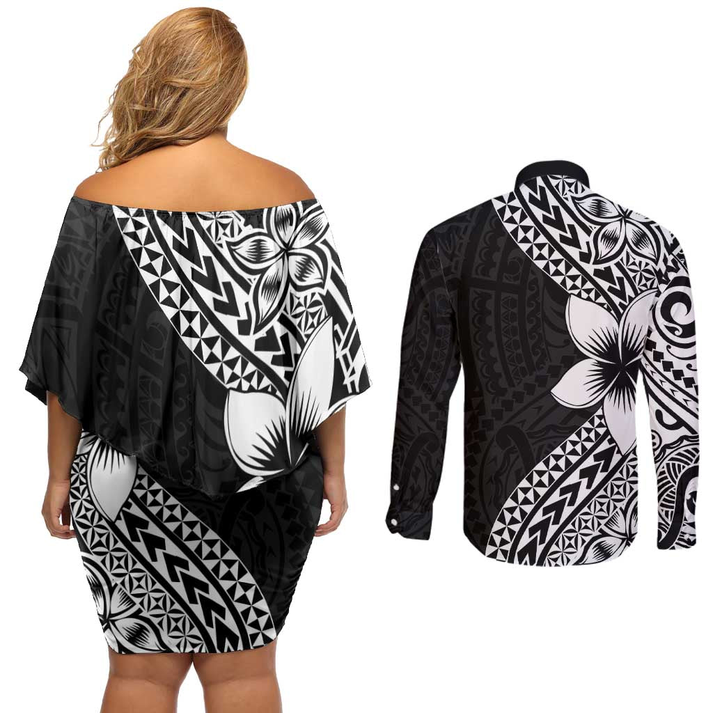 Lotu Tamaiti White Sunday Couples Matching Off Shoulder Short Dress and Long Sleeve Button Shirt Pacific Plumeria Flowers - Black Version LT9 - Polynesian Pride