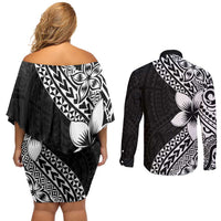 Lotu Tamaiti White Sunday Couples Matching Off Shoulder Short Dress and Long Sleeve Button Shirt Pacific Plumeria Flowers - Black Version LT9 - Polynesian Pride