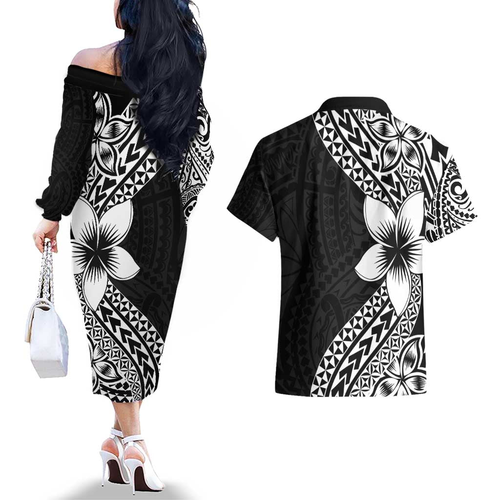 Lotu Tamaiti White Sunday Couples Matching Off The Shoulder Long Sleeve Dress and Hawaiian Shirt Pacific Plumeria Flowers - Black Version LT9 - Polynesian Pride